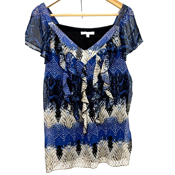 NY Collection XL Blue Geometric Ruffle Blouse V-Neck Flutter Sleeves Career Top - Picture 1 of 5